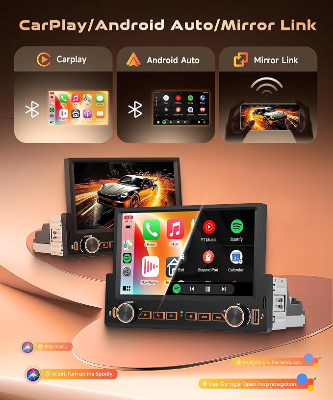 4G+64G Android Single Din Car Stereo, Wireless Carplay Android Auto, 5GWiFi GPS, 1 Din 7 inch Touch Screen Stereo Bluetooth Radio, Backup Camera, FM RDS USB, Type-C Charging