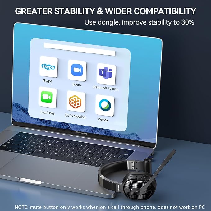 TECKNET Trucker Bluetooth Headset, Stable V5.2 & USB Dongle Connection, 70h Wireless Bluetooth Headsets with Mic and Mute, ENC Noise Canceling, Headset for Truck Drivers, Cell Phone, PC Comfort Office