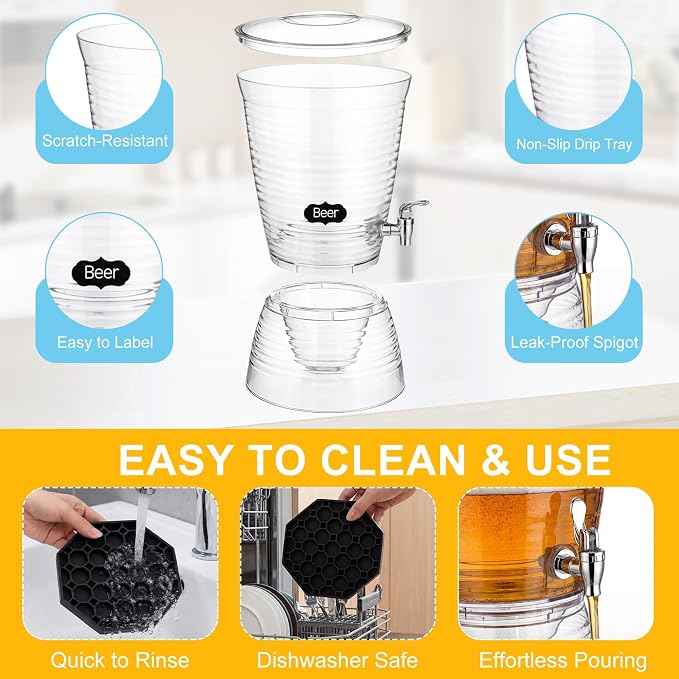 Nuenen 2 Sets of 2.6 Gallon Beverage Dispensers for Parties, Clear Plastic Drink Juice Dispensers with Spigot and Drip Tray Beverage Water Fountains for Wedding Birthday Party Cold Hot Drinks