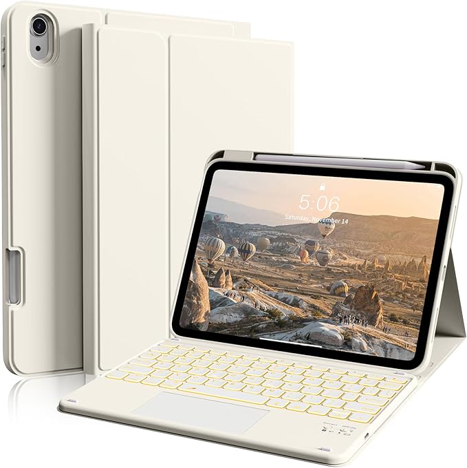 Keyboard for iPad 11th Gen, 11/10.9inch iPad Case with Pencil Holder, Multi-Touch Trackpad 7 Color Backlit,11inch A16/10.9"case with Wireless Keyboard Folio Cover Auto Wake/Sleep, Cream White