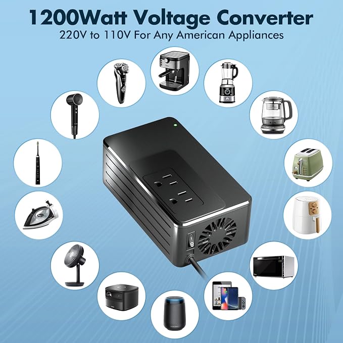 1600W 220V to 110V Voltage Converter, Power Any American Appliances in 220-250V, No Limitations, Plug & Play, Universal Power Adapter Voltage Converter US to Europe International Travel