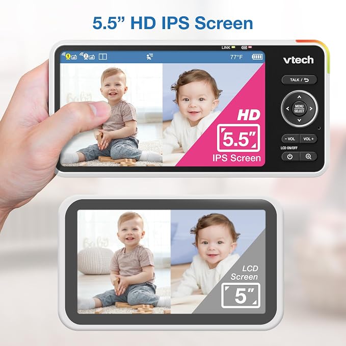 VTech Smart WiFi Baby Monitor, 2 Cameras for Twins & Two Rooms – 2K Split Screen, 5.5" Screen, 24X Zoom, Wide Angle, Free App, Night Light | Smart HD Plus Twin