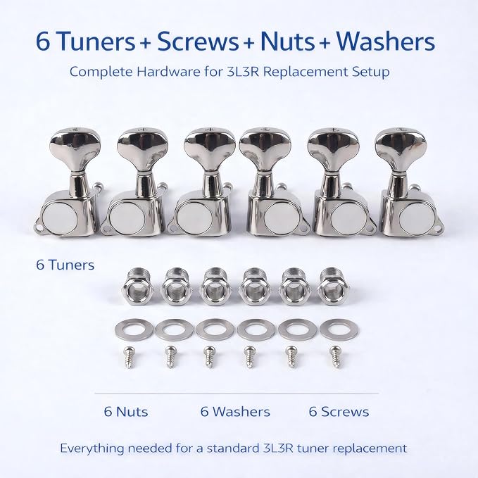 Guitar Tuners, 3L3R Sealed Tuning Pegs, 18:1 Guitar Machine Heads, 6-Pack with Screws Nuts and Washers, Silver-Plated Finish