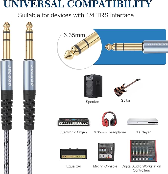JOLGOO 1/4 Inch TRS Cable 10ft 2-Pack, 1/4 Inch Guitar Cable 10 Ft, 6.35 Balanced Interconnect Line for Electric Guitar, Bass, Keyboard, Mixer, Amplifier, Speaker, Electric Mandolin, pro Audio