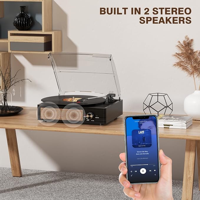 Record Player for Vinyl with 2 Build-in Speakers LP Vinyl Players Belt-Driven Vintage Turntables 3 Speed 3 Size, Wireless Bluetooth Playback, AUX-in, RCA Out, Headphone, Auto Stop