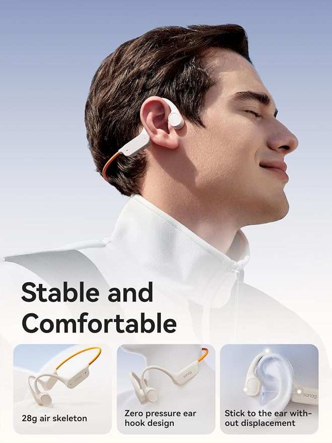 Sanag B33S Bone Conduction Headphones Bluetooth 6.0, IPX8 Waterproof Swimming Earbuds with 32GB MP3, 8H Playtime Open Ear Headset with Mic for Running Cycling Sport Swim, Beige