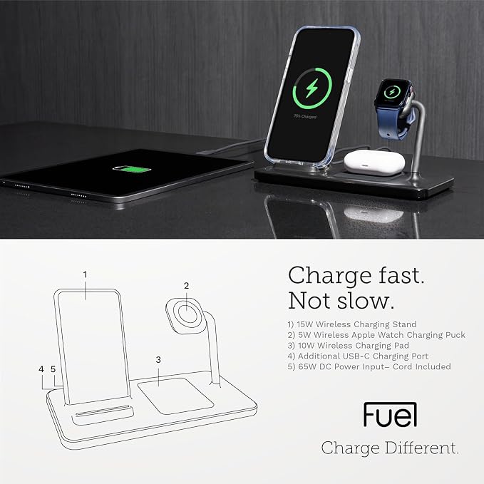 FUEL 4in1 Fast Wireless Charging Station for Multiple Devices -Portable iPhone Charger w/ Adapter -3 Charging Pads 1 USB-C Port for iPhone 17 Pro Max/16/15 Apple Watch 11/10(Charger Included) AirPods