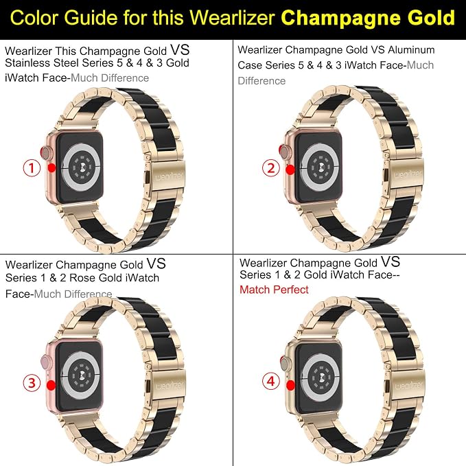 Wearlizer Compatible with Apple Watch Band 42/44/45/46/49mm Womens Stainless Steel Champagne Wristband, Black Resin Replacement Classic Strap iWatch Series 11 10 9 8 7 6 5 4 3 SE/Ultra 3 2 1