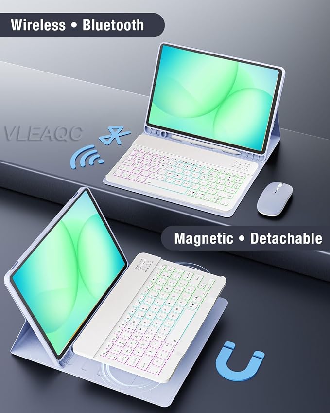 Keyboard Case for Samsung Galaxy Tab A11 Plus 11 Inch 2025/ A9+ Plus 2023 Tablet, Detachable Rainbow Backlit Wireless Keyboard and Mouse, Slim Stand Cover with S Pen Holder (Purple)