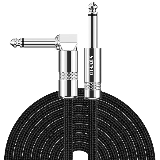 Guitar Cable 20FT Instrument Cord for Electric Bass Keyboard - 1/4 Inch Right Angle AMP Cable - Black