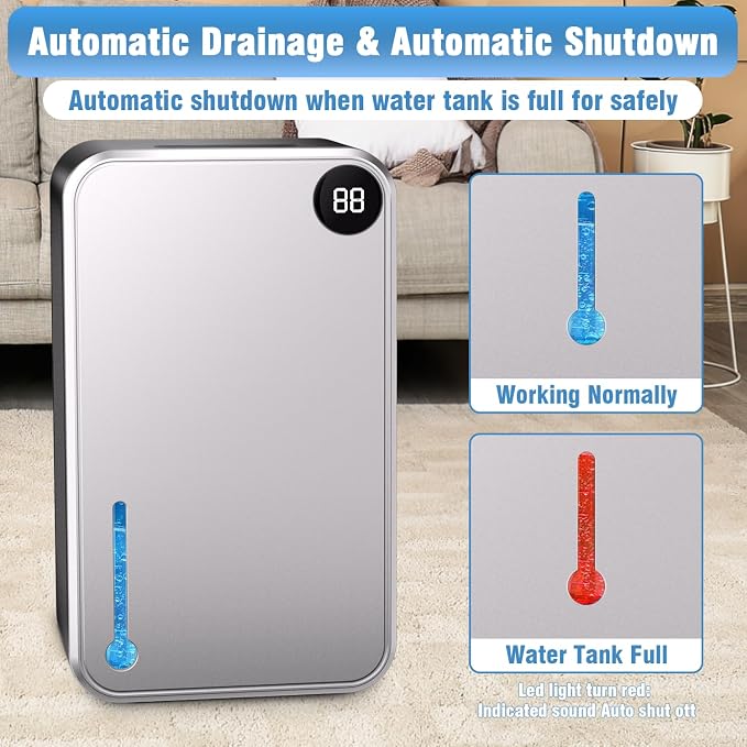 Dehumidifier, 55OZ Dehumidifiers for Home, Quiet with Auto Shut Off, Humidity Display Dehumidifier for Bedroom/Bathroom, Timer, Drain Hose, 7-color LED light, Moisture Absorbers (Grey)