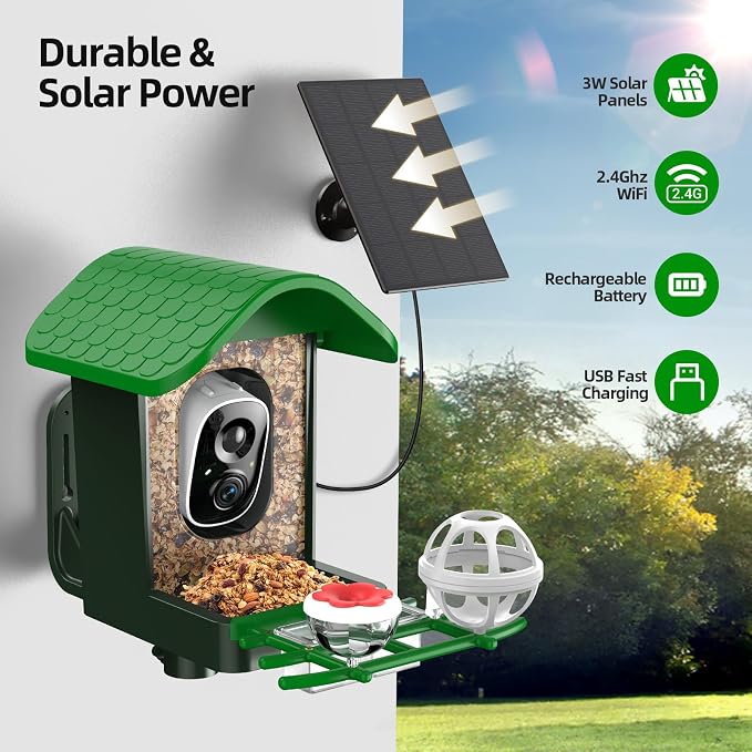 3K HD Smart Bird Feeder with Camera, 2.4GHz WiFi Solar Powered Smart Feeder, AI Bird Species Identification & Real-Time App Alerts, Chew-Proof & Waterproof for Outdoors（Green）-1