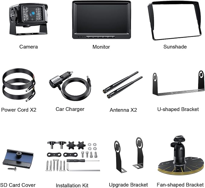 Fookoo HD 1080P 9" Wireless Backup Camera System, 9-inch Split Screen Monitor w/Recording, Supports 4 Cameras, IP69 Waterproof Rear View Camera Parking Lines for RV/Trailer/Truck/Camper(DW901)