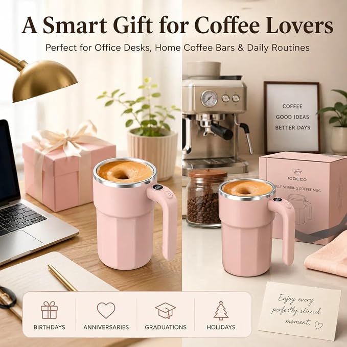 Self Stirring Coffee Mug, 12oz Rechargeable Magnetic Mixing Cup with Temperature Display, 316 Stainless Steel Electric Stirring Cup with Lid & Handle for Coffee, Cocoa, Matcha, Creamer, Mushroom Coffe