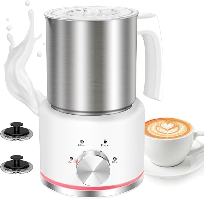 Milk Frother, 16.9 OZ Milk Frother and Steamer, 4 in 1 Electric Milk Frother Dishwasher Safe Durable Silent Frother for Coffee Hot and Cold Foam Maker (White Stainless)