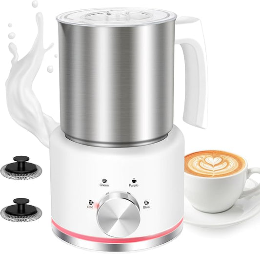 Milk Frother, 16.9 OZ Milk Frother and Steamer, 4 in 1 Electric Milk Frother Dishwasher Safe Durable Silent Frother for Coffee Hot and Cold Foam Maker (White Stainless)