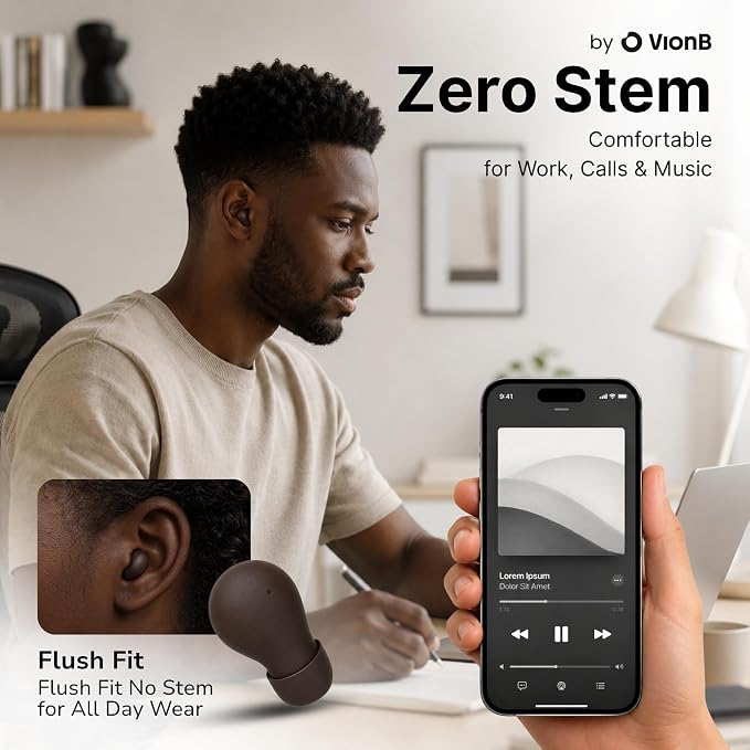 Air VionB Skin Tones Invisible Earbuds for Small Ears - Wireless Bluetooth 5.4, Skin-Matching Mini Stemless Ear Buds, IPX5 Waterproof, ENC Noise Cancelling, Discreet for Work (Deep Espresso)