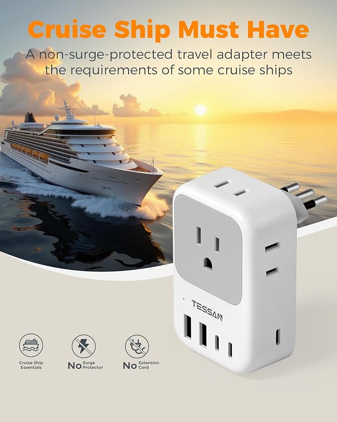 Italy Travel Plug Adapter 28W, TESSAN Italy Power Adapter with 4 Outlets 5 USB Ports (3 USB-C), Type L Outlet Adaptor for US to Italy Italian Chile Rome Uruguay Venice Libya Syria Tunisia, 2 Packs