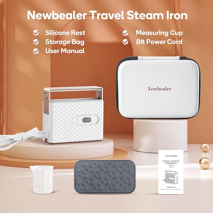 Newbealer 100-240V Travel Steam Iron, 2in1 Handheld Steamer, 120ml (Gold) | Compact for Global Trips & Vacations, Non-Stick Ceramic Soleplate, Heats in 20s, 360° Steaming Anti-Spill, Auto-Off, 1.5 lbs