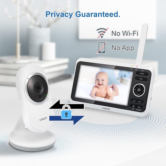 VTech Baby Monitor with 2 Cameras No WiFi & 5" Screen – Split-Screen, Patrol Mode, Night Vision, Two-Way Talk, Temperature Sensor, Lullabies, 1000ft Range | VM350-2