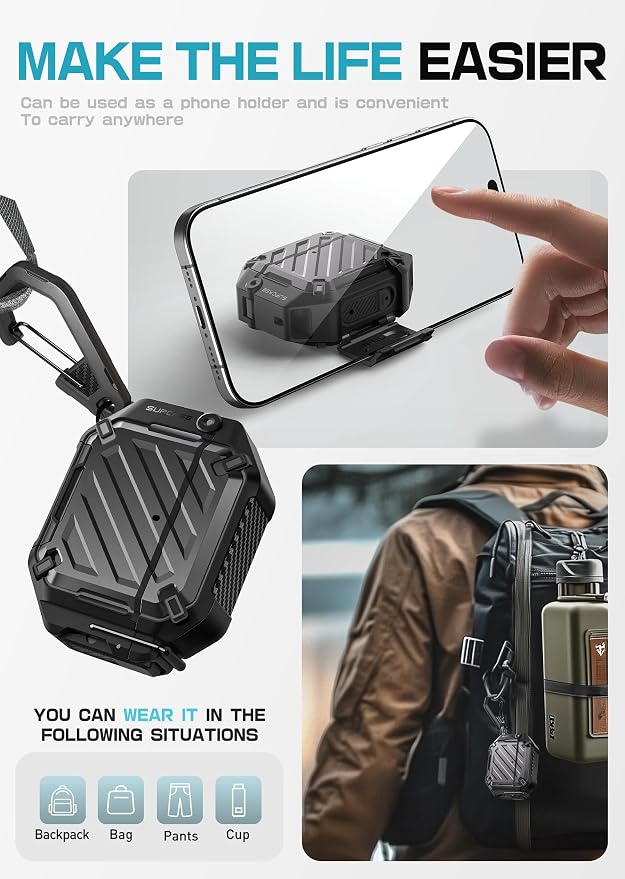 SUPCASE for AirPods 4 Case with Lock & Carabiner, IP68 Waterproof, Compatible with MagSafe, Military-Grade Protection Anti-Scratch Hard Shell Cover for AirPods 4th Generation 2024, Black