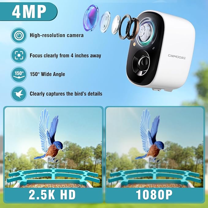 No-Monthly-Fees Solar Bird Feeder w/ 4MP Camera, Free AI Birds Species Identification, 2.5K Smart Bird House with Cam, Instant Arrival Alerts, Squirrel-Proof, Ideal