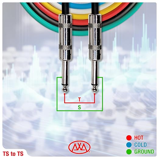 AxcessAbles Audio 1/4-Inch TS Guitar & Bass Amp Cable Packs - Metal Connectors, Premium OFC Copper Wire | TS 1/4" Guitar Cables | Male to Male 10ft Multicolor Mono Instrument Cords (10ft - 6 Pack)