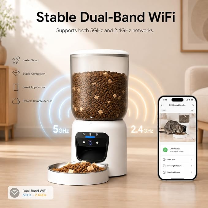 Automatic Cat Feeder with 2K Camera, Smart Pet Feeder with App Control for Cats & Small Dogs, 6L WiFi Automatic Dog Feeder with Night Vision, 2-Way Audio & Motion Alerts