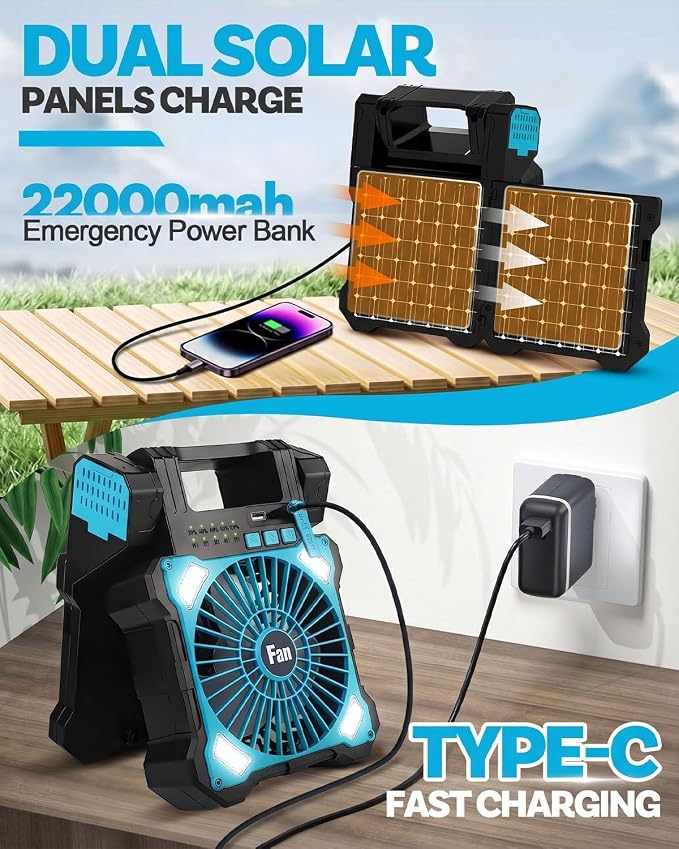 22000mAh Camping Solar Fan, Dual-Panel Rechargeable Solar Powered Fan with LED Light, 5 Adjustable Speeds Battery Powered Portable Fans, USB-C Fans for Travel Tent Home Camping Accessories