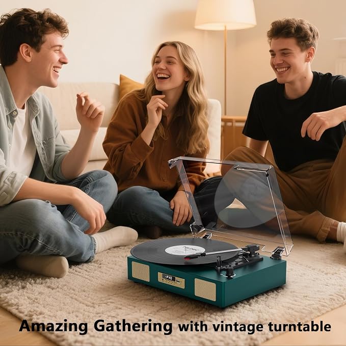 Vinyl Record Player with Enhanced Speakers, Wireless Bluetooth Playback, USB/SD Recording, 3-Speed Belt Drive Turntable, Vintage LP Player Support RCA Output AUX Input EQ,Dark Green