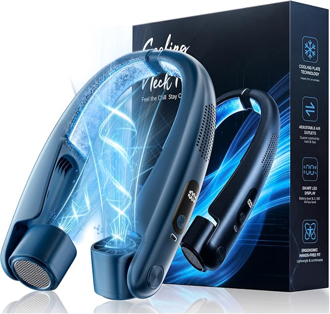 Portable Neck Fan with Cooling Plates, 6000mAh Rechargeable Wearable Fan with 1-100 Speed Control, Hands-Free Personal Cooling Fan with Digital Display, Adjustable Air Outlets for Travel Outdoor-Blue