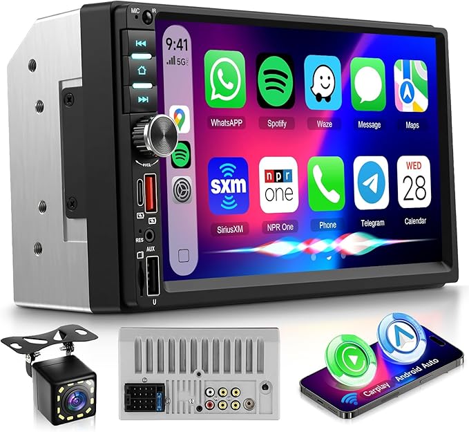 Rimoody Double Din Car Stereo, 7 Inch Touch Screen Wireless Carplay & Android Auto, Car Radio with Bluetooth/FM/EQ/SWC/MIC, Backup Camera Included, USB/AUX/TF/Type-C Car Audio Receiver