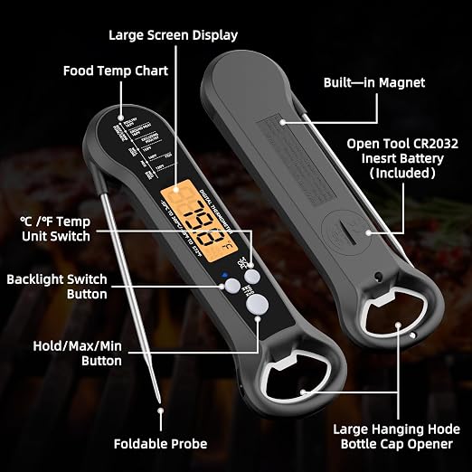 Instant Read Meat Thermometer for Grill and BBQ, Fast Accuracy Digital Food Thermometer with Backlight&Waterproof for Cooking,Baking,Fish,Liquids,Lamb,Chicken