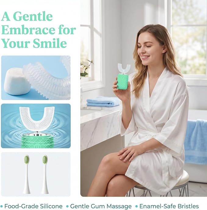Sonic Electric U Shaped Toothbrush for Adults, Automatic Full Mouth Cleaning Toothbrush, 360° Stain Removal, IPX7 Waterproof Rechargeable, 3 U-Shape & 2 Straight Brush Heads