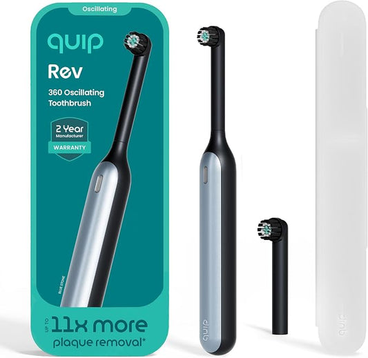 Quip Rev Oscillating Rechargeable Electric Toothbrush with Extra Brush Head - Soft Bristles, Pressure Sensor, 3 Intensities, 30-Day Battery Life, 2-Min Timer, Travel Case, Mirror Mount - Blue Stone