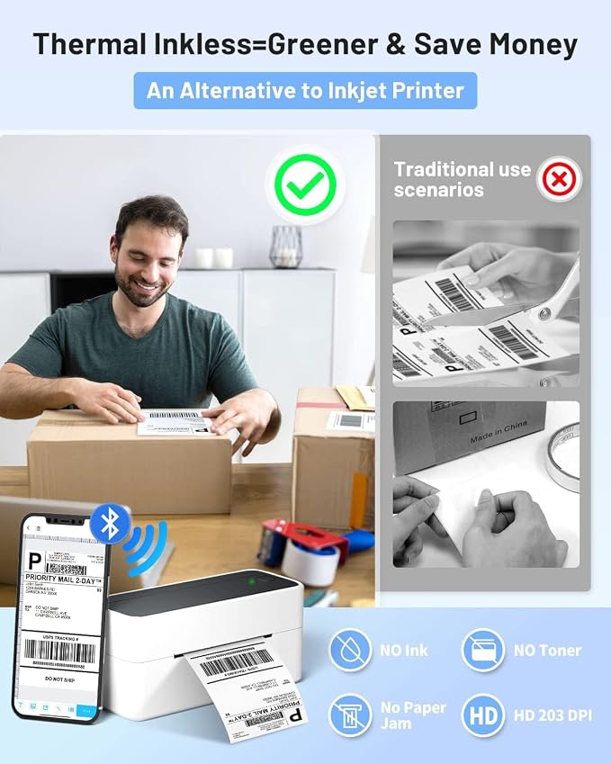 Phomemo Bluetooth Thermal Printer for Shipping Packages - Wireless Label Printers for Small Business with Phone&Pad&PC, 241BT Shipping Label Printer Compatible with Amazon, Shopify, USPS, Temu