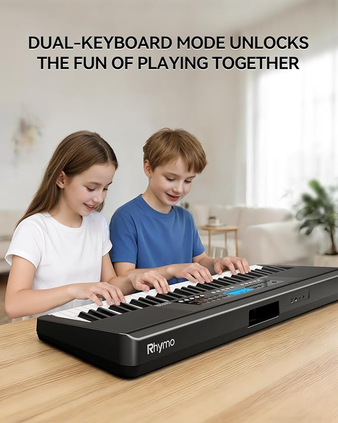 Rhymo 61 Key Electronic Piano Keyboard for Beginners with 450 Tones, 120 Demo, 150 Rhythms, Touch-Sensitive Full Size Portable Keyboard Piano Includes Sheet Stand, Earbuds, Note Stickers