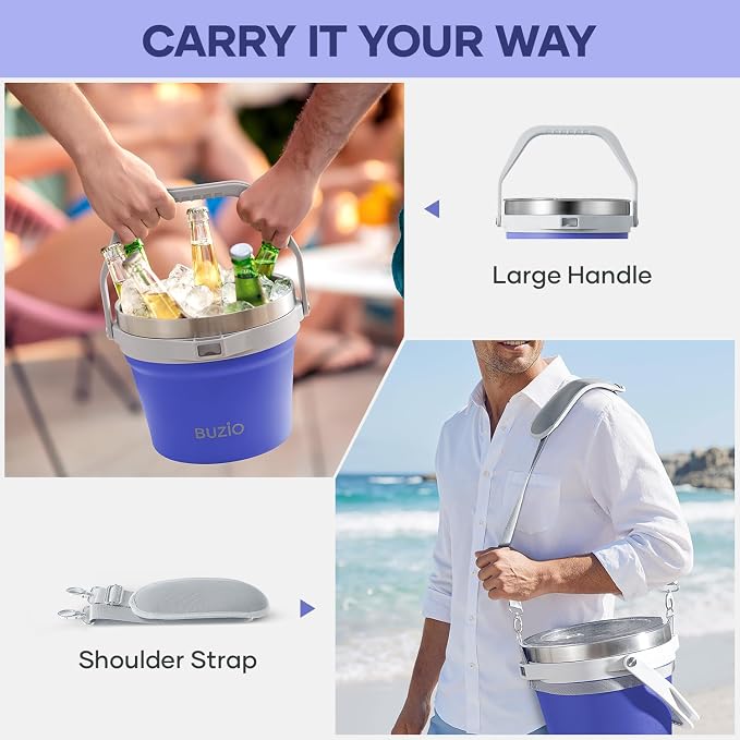 BUZIO 7 L Insulated Ice Bucket with Lid and Shoulder Strap for Parties, Double Wall Vacuum Large Bucket with Scoop, Tongs and Stainless Steel 14 oz Cups for Cocktail Bar, Purple