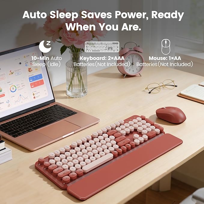 Wireless Keyboard and Mouse Combo with Magnetic Wrist Rest, Round Keycaps, Full-Size Retro Typewriter-Style Keyboard, Two-Stage Tilt Legs, Auto-Sleep, 2.4GHz Wireless for Windows PC Laptop, Wine Red