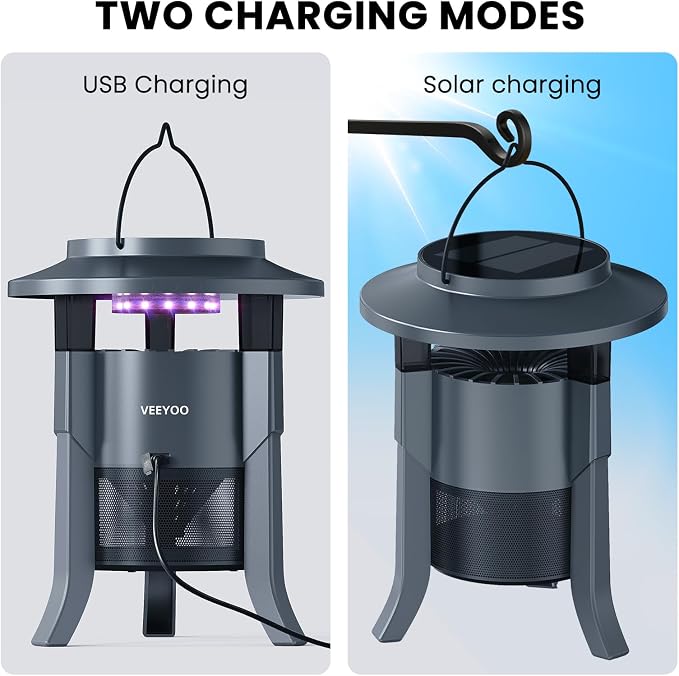 Solar Mosquito Trap Outdoor Waterproof, Rechargeable Fly Trap with Solar Panel Sensor and Lighting, Mosquito Zapper Flying Insect Bug Trap for Home, Patio, Backyard, Camping