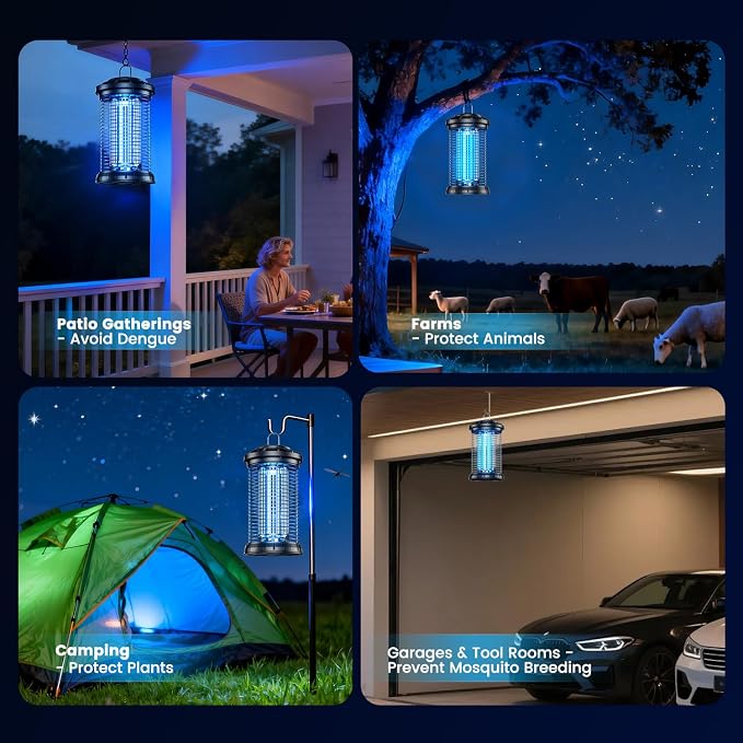 Outdoor Bug Zapper, IPX5 Mosquito Zapper with Dual Lure 365nm Light & 36℃ Body Heat CO2 Mimic, 4200V Smart High Voltage Insect Trap for Patio Backyard Garden