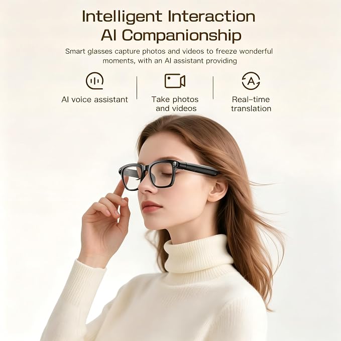 AI Smart Glasses with 13MP Camera & Real-Time Translation,4K HD Video Recording for Vlogging, Voice Assistant, Open-Ear Audio, Photochromic Lenses for Business and Travel.