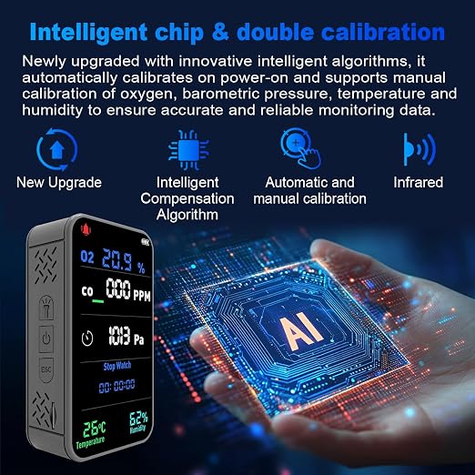 7-in-1 Portable Oxygen Detector for Indoor and Outdoor,288H Standby,O2 Monitor with,O2,Temperature,Humidity,Illumination,Room Oxygen Monitor for Car,RV,Camping,Travel (Gray)
