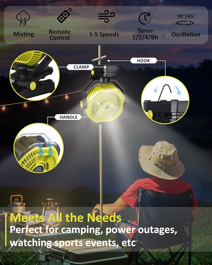 Portable Rechargeable Misting Fan with 12oz Mist, Battery Life Display, Remote, Timer, Light, 5 Speeds, 9-Inch, 20000mAh 120H Battery Powered Clip Fan for Stroller, Travel, Outdoor, Poweroutage
