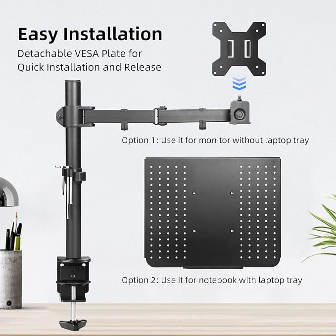 Suptek Single Laptop Notebook Desk Mount with Tray for 13-27 inch Computer Screen, Fully Adjustable Laptop Desk Arm for Notebook up to 17’’, Weight up to 15.6 lbs