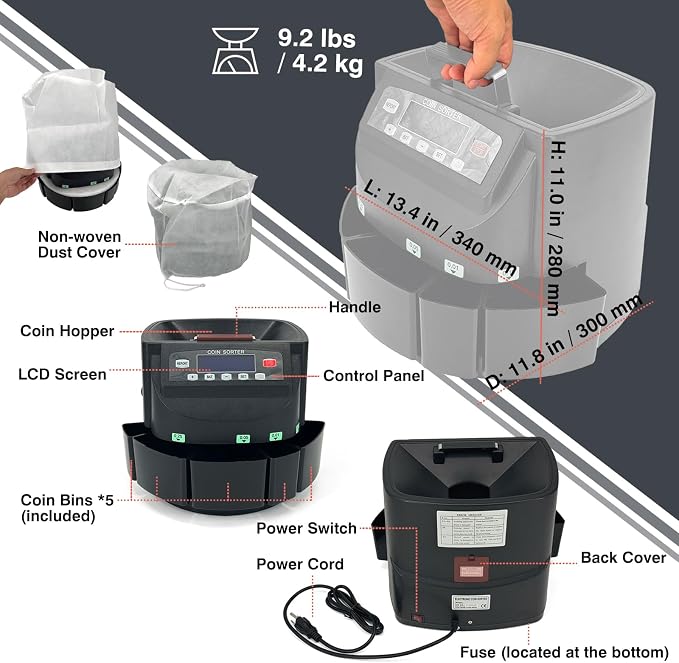 USD Coin Counter Machine with LCD Display,Coin Sorter and Wrapper Machine,Sorts 1￠5￠10￠25￠$1 up to 300 Coins/min,2000-coin Capacity,Business Grade,5 Bins&5 Tubes,Automatic Wrapper (Black)
