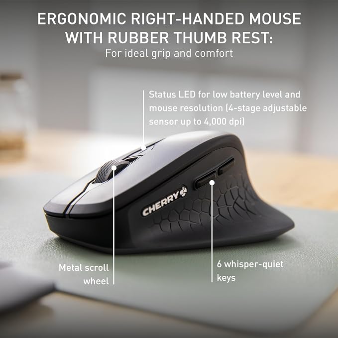 Cherry Stream Desktop Comfort, Wireless Keyboard and Mouse Combo, 2.4 GHz Connection, Whisper-Quiet Keys, Ergonomic Right-Handed Mouse, Battery-Powered, Black