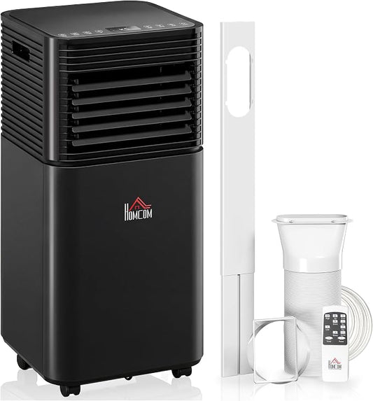 HOMCOM 8000 BTU Portable Air Conditioner for Rooms up to 344 Sq.Ft., 4-in-1 Mobile AC Unit with Dehumidifier, Cooling Fan, Sleep, Remote, 24H Timer, Auto Off, Window Installation Kit, Black