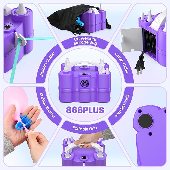 Keaibuding Electric Balloon Pump, 4-in-1 Balloon Blower with Triple Inflating Ports for All Balloons, Air Pump for Sports Balls, Inflator& Deflator for Inflatables (Dust-Proof Storage Bag Included)