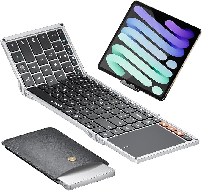 ProtoArc Foldable Keyboard with Touchpad, XK01 TP Folding Portable Keyboard, Full Size Keys, Large Trackpad Bluetooth Travel Keyboards for Laptop PC Tablet - Silver